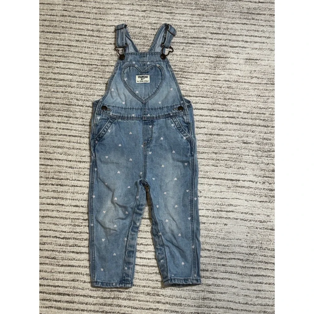 OshKosh Bgosh Baby Girl Blue Denim Heart Print Overalls 18M Light Wash Bibs‎